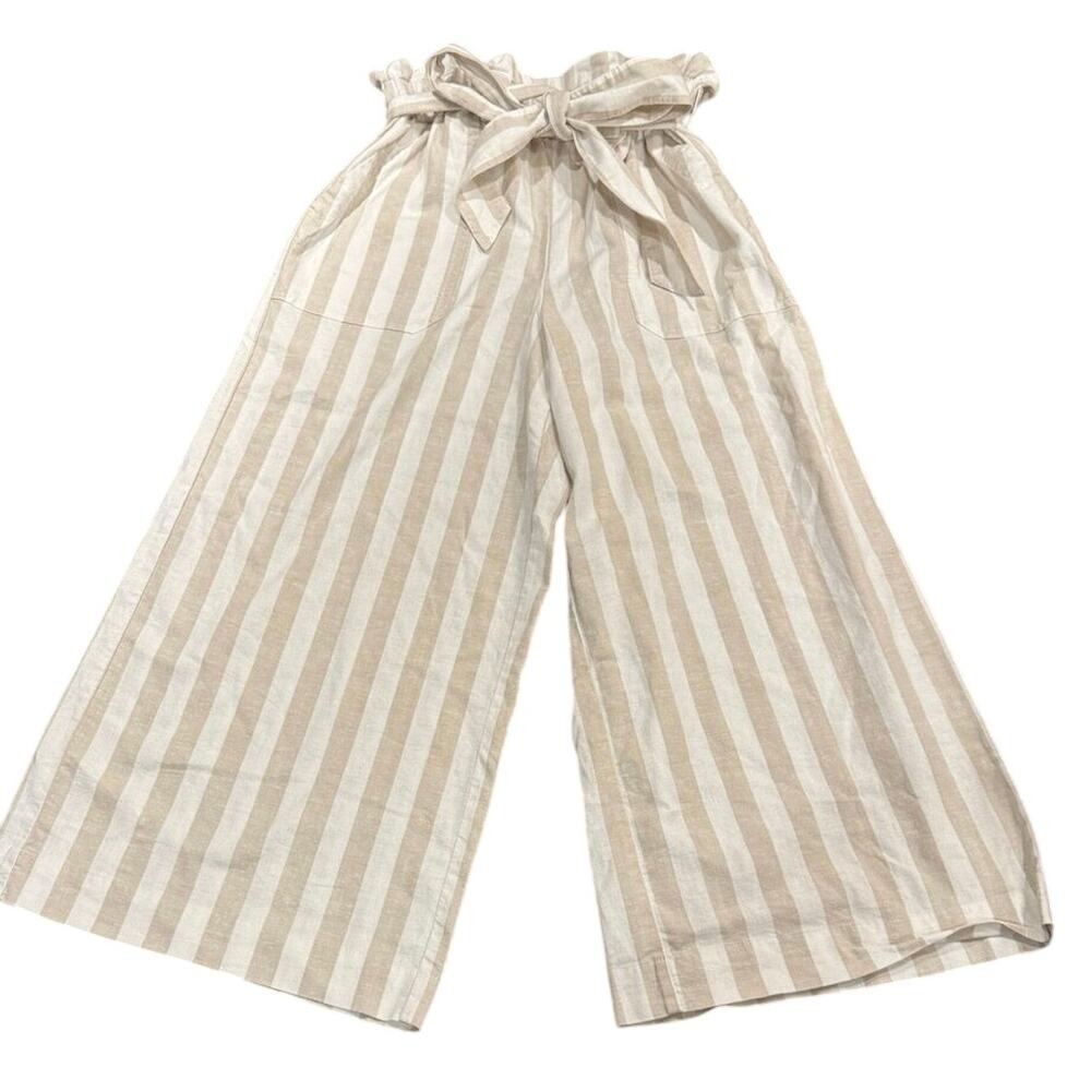 Marine Layer Caroline Pant in Tan/White‎ Stripe Wide Leg Flowy Hemp Size Small